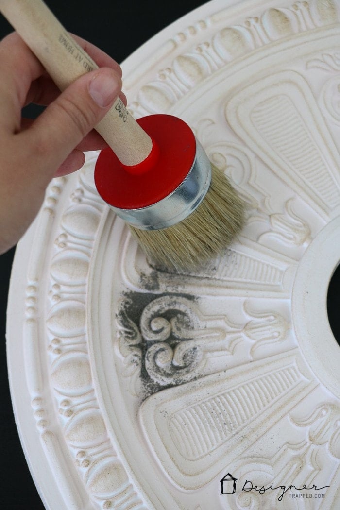 Diy Ceiling Medallion To Hide A Flaw Designertrapped Com 3 After Your Dark Wax Becomes Tacky Apply The Dust Of Ages Simply Brush It On And Then Buff Off Adds A Whole New Layer Depth Character