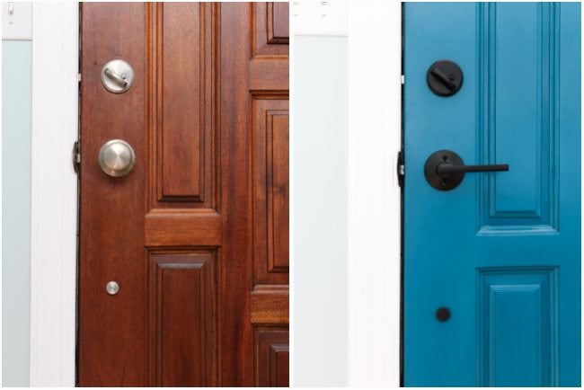 Never underestimate the impact of a simple front door update to increase your curb appeal! The bold color on this front door and the new hardware make it a total showstopper! #ad #CurbAppeal