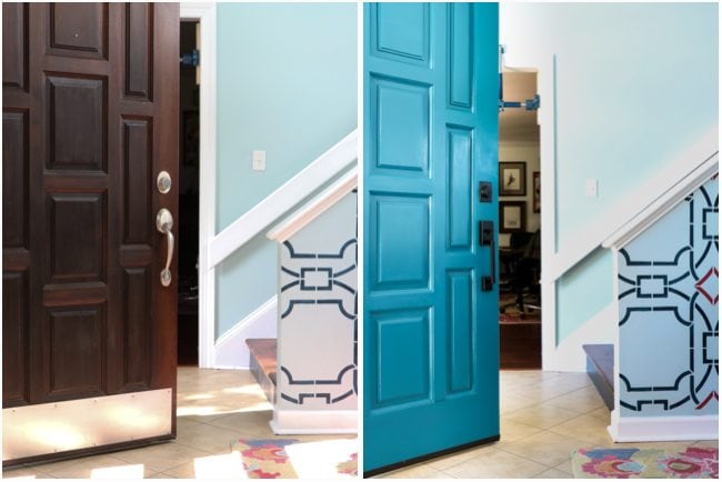 Never underestimate the impact of a simple front door update to increase your curb appeal! The bold color on this front door and the new hardware make it a total showstopper! #ad #CurbAppeal