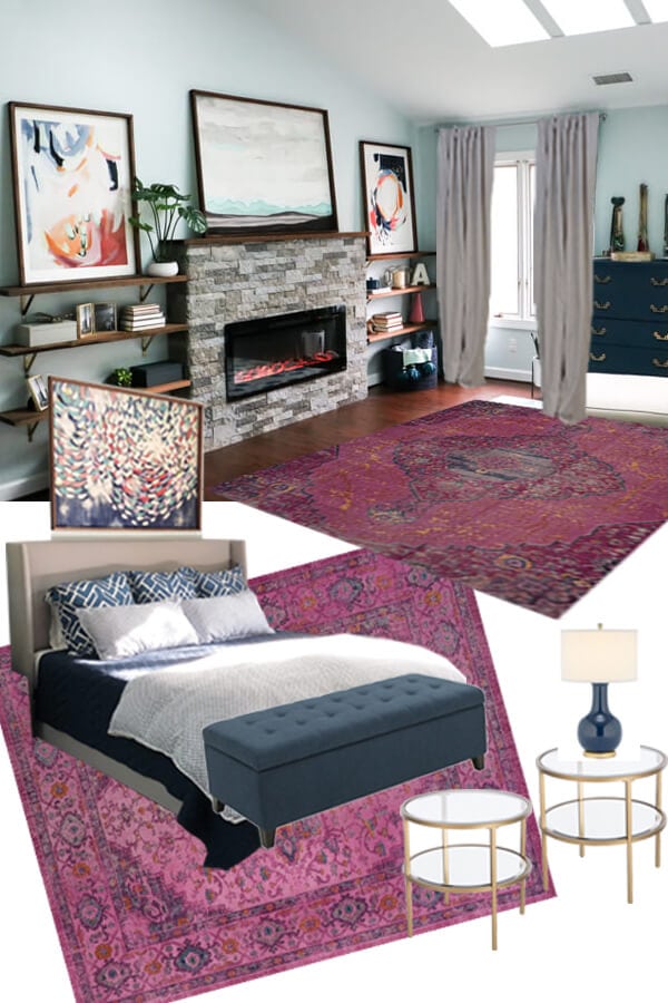 We are FINALLY taking the time to finish up our master bedroom. Come check out our colorful master bedroom design plans. I am so excited to get this done! #masterbedroom #masterbedroomdesign #bedroomdesign #bedroomideas #interiordesign #pinkrug